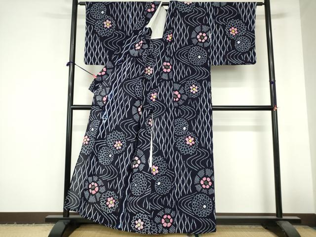 平和屋着物∴夏物 浴衣 有松鳴海絞り 立涌花文 菊 綿 逸品 DABI3267cd