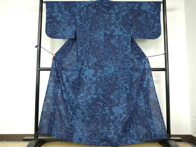 平和屋着物∴夏物 無形文化財保持者 古庄理一郎 本藍染め 綿紅梅 浴衣 切嵌花文 反端付き 綿 逸品 DABI3275cd