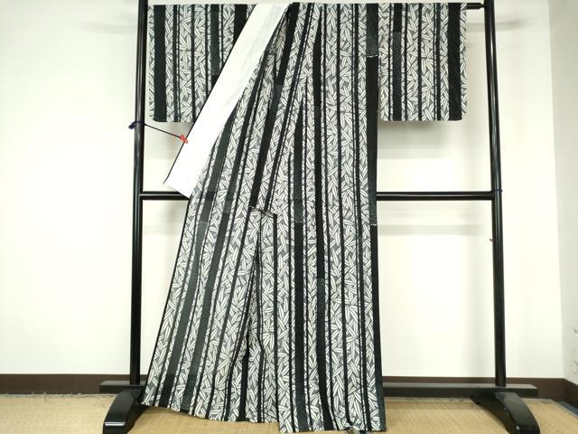 平和屋着物∴夏物 浴衣 綿絽 注染 手縫い 笹竹文 黒地 綿 逸品 未使用 DABI3280cd