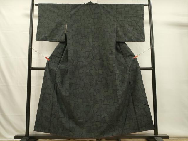 平和屋着物■上質な紬 幾何学文 黒地 正絹 逸品 DABI3522ya