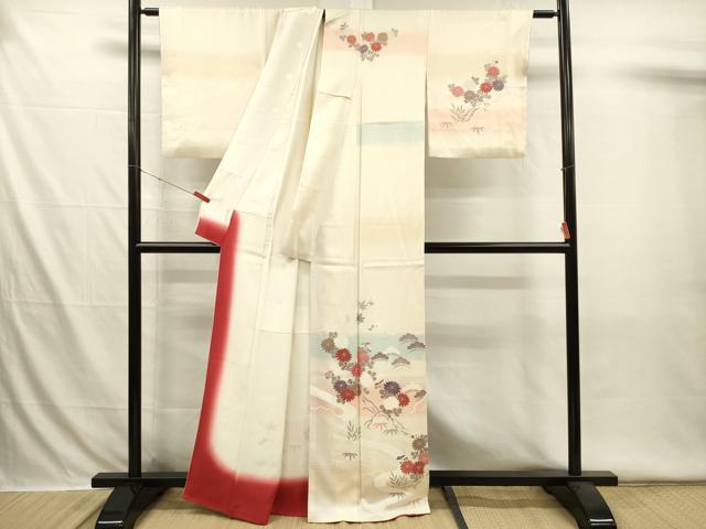 平和屋着物■訪問着 刺繍 草花松文 暈し染め 正絹 逸品 DABI3539ya