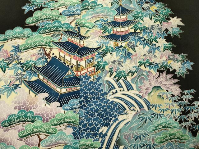 平和屋着物■豪華黒留袖 作家物 流水風景花松文 金彩 正絹 逸品 DABI3560ya