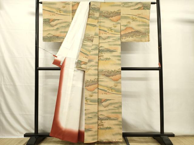 平和屋着物■上質な小紋 人物風景文 暈し染め お召縮緬 正絹 逸品 DABI3567ya