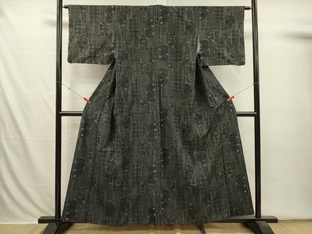 平和屋着物■上質な紬 抽象花文 黒地 正絹 逸品 DABI3587ya