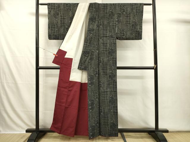 平和屋着物■上質な紬 抽象花文 黒地 正絹 逸品 DABI3587ya