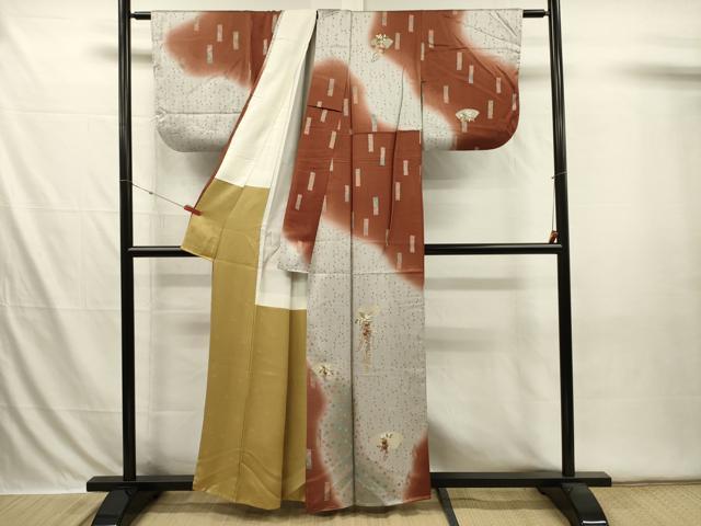 平和屋着物■訪問着 駒刺繍 扇面花文 暈し染め 金彩 正絹 逸品 DABI3603ya
