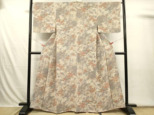 平和屋着物■上質な小紋 流水風景花松文 鬼しぼ縮緬 正絹 逸品 DABI3616ya