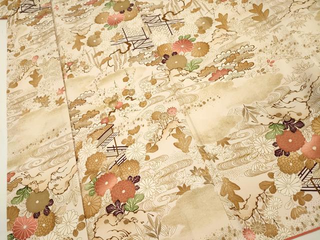 平和屋着物■上質な小紋 渡橋風景花松文 金彩 正絹 逸品 DABI3639ya