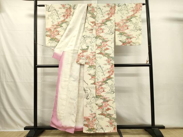 平和屋着物■上質な小紋 手描き 流水草花文 枝梅 金銀彩 正絹 逸品 未使用 DABI3651ya
