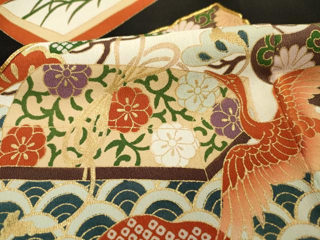 平和屋着物■豪華黒留袖 駒刺繍 色紙飛鶴花文 金彩 正絹 逸品 DABI3689ya