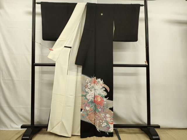 平和屋着物■豪華黒留袖 花鳥文 乱菊 牡丹 暈し染め 正絹 逸品 DABI3690ya