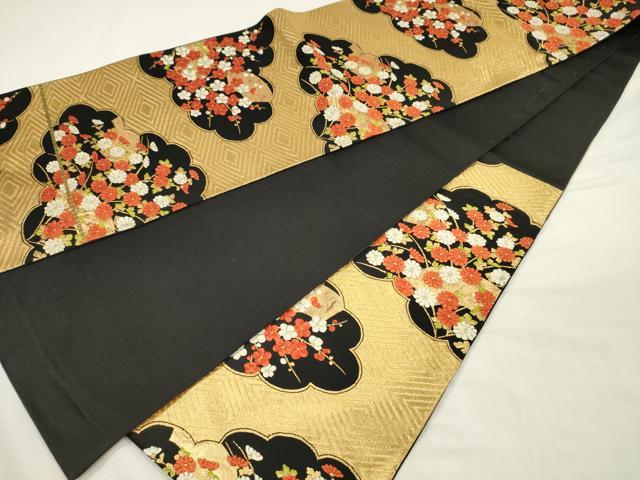 平和屋着物◎六通柄袋帯 唐織 雲取り花文 黒地 金銀糸 正絹 逸品 DABI3715ya