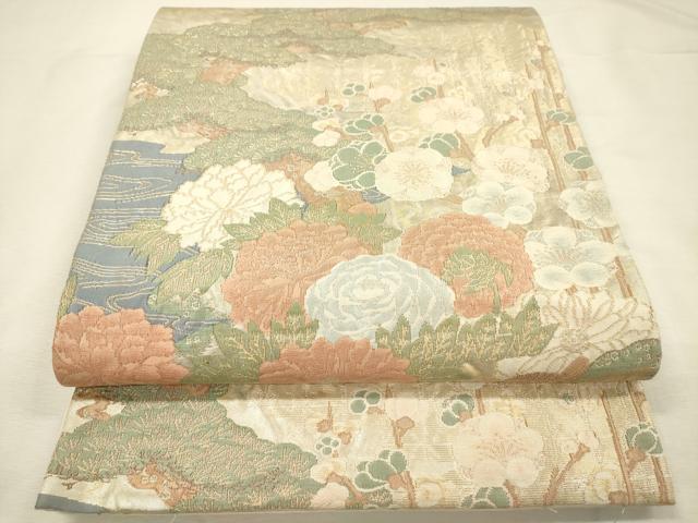 平和屋着物◎太鼓柄袋帯 花鳥文 金糸 引箔 正絹 逸品 DABI3729ya