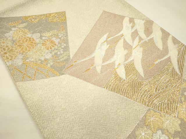 平和屋着物◎六通柄袋帯 色紙重ね飛鶴花文 金銀糸 正絹 逸品 DABI3731ya