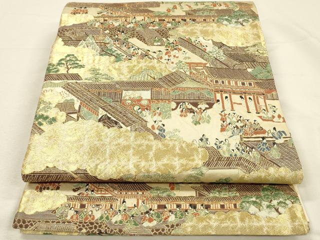 平和屋着物◎六通柄袋帯 風景人物文 金糸 正絹 逸品 DABI3732ya