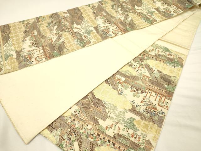 平和屋着物◎六通柄袋帯 風景人物文 金糸 正絹 逸品 DABI3732ya