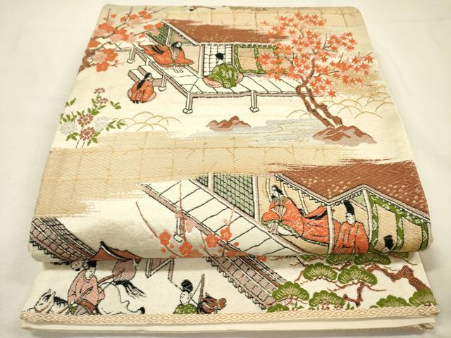 平和屋着物◎六通柄袋帯 人物風景文 金糸 正絹 逸品 DABI3733ya