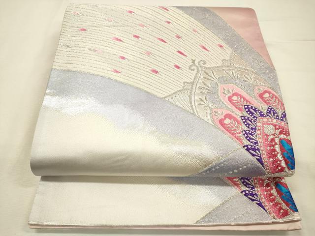 平和屋着物◎六通柄袋帯 唐織 孔雀羽文 銀糸 正絹 逸品 DABI3751ya