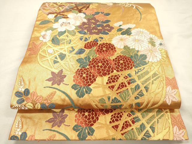 平和屋着物◎六通柄袋帯 唐織 花籠文 金糸 正絹 逸品 DABI3759ya