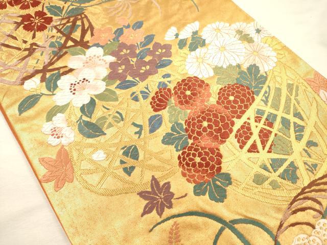 平和屋着物◎六通柄袋帯 唐織 花籠文 金糸 正絹 逸品 DABI3759ya