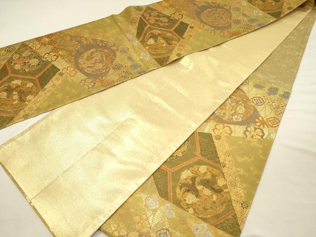 平和屋着物◎佐賀錦 六通柄袋帯 名宝錦 花鳥丸文 金糸 引箔 正絹 逸品 DABI3770ya