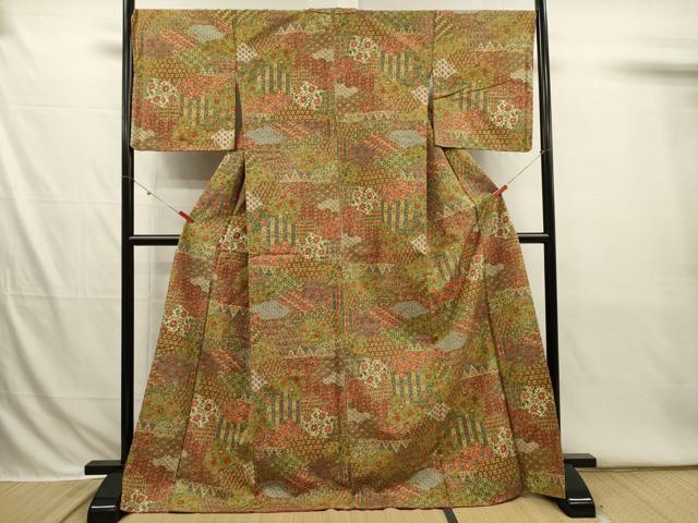 平和屋着物■上質な小紋 紬地 切嵌更紗花文 正絹 逸品 DABI3781ya