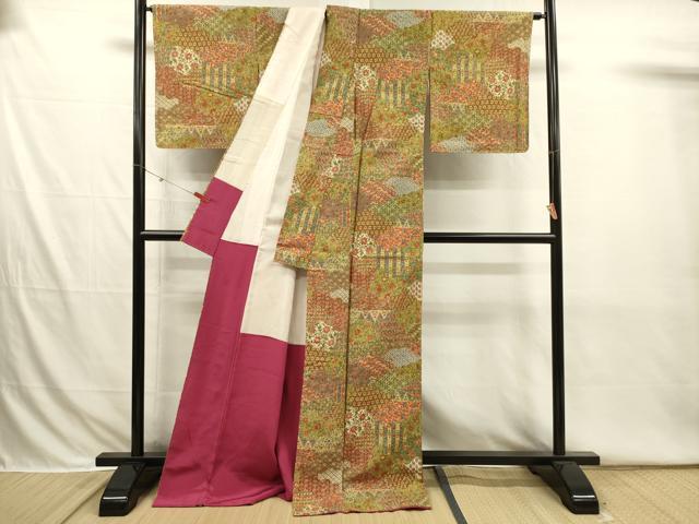 平和屋着物■上質な小紋 紬地 切嵌更紗花文 正絹 逸品 DABI3781ya
