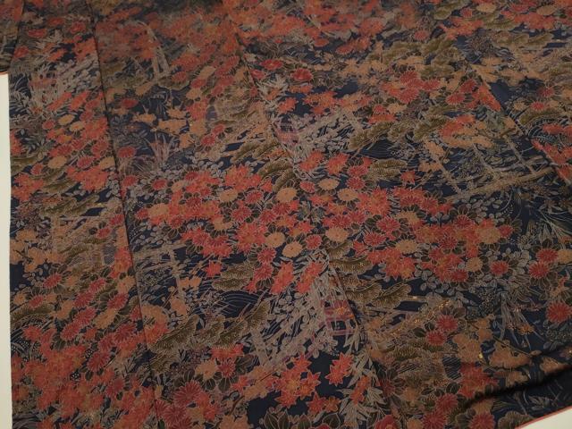 平和屋着物■上質な小紋 風景花文 金彩 鬼しぼ縮緬 正絹 逸品 DABI3825ya