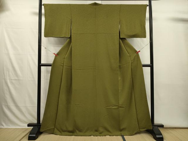 平和屋着物■上質な色無地 霞地紋 苔色 正絹 逸品 DABI3832ya