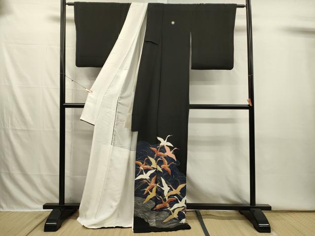 平和屋着物■豪華黒留袖 流水飛鶴文 金銀彩 ロング丈 正絹 逸品 DABI3842ya
