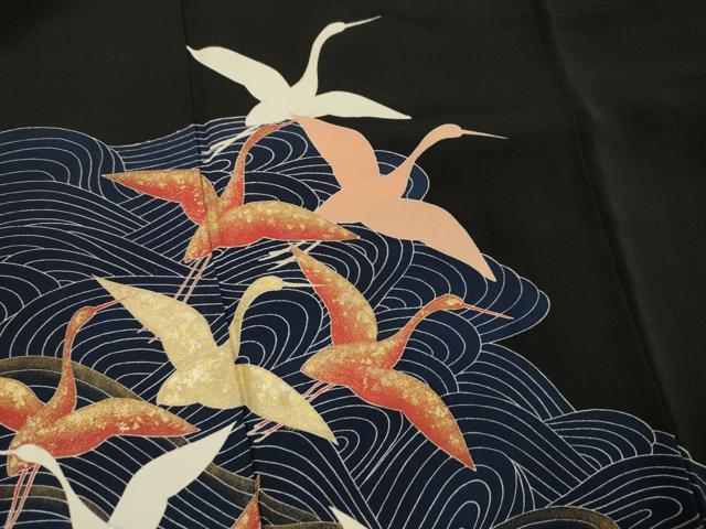 平和屋着物■豪華黒留袖 流水飛鶴文 金銀彩 ロング丈 正絹 逸品 DABI3842ya