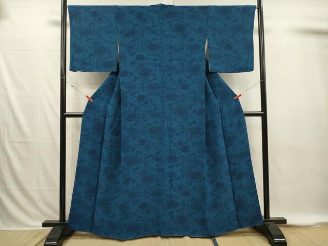 平和屋着物■上質な小紋 型染め 藍 草花文 乱菊 鬼しぼ縮緬 正絹 逸品 DABI3861ya