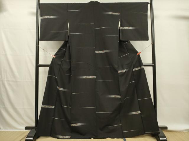 平和屋着物■上質な紬 横段花文 黒地 正絹 逸品 DABI3875ya