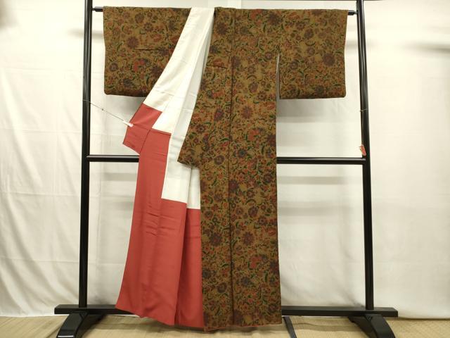 平和屋着物■上質な小紋 更紗花文 鬼しぼ縮緬 正絹 逸品 DABI3886ya