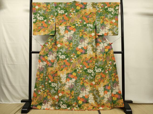 平和屋着物■上質な小紋 花鳥文 鬼しぼ縮緬 正絹 逸品 DABI3889ya