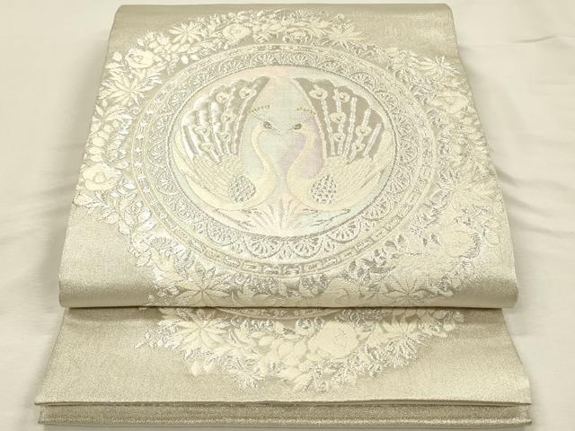 平和屋着物◎六通柄袋帯 唐織 孔雀花文 銀糸 正絹 逸品 DABI3969ya