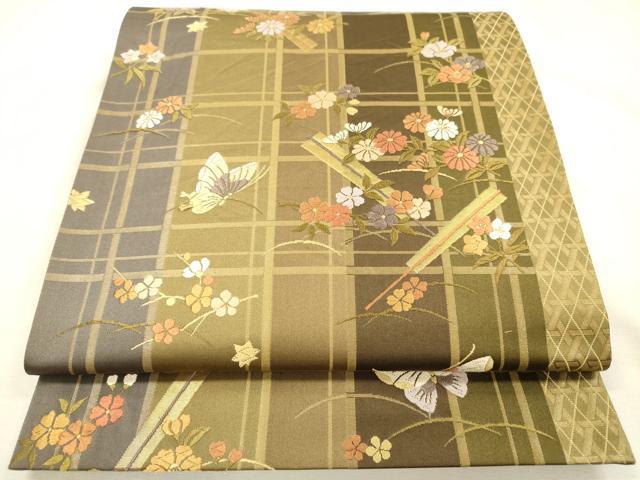 平和屋着物◎六通柄袋帯 唐織 舞蝶花文 金糸 正絹 逸品 DABI3976ya