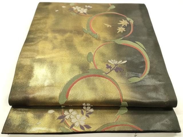 平和屋着物◎六通柄袋帯 花丸文 黒地 金糸 引箔 正絹 逸品 DABI3979ya
