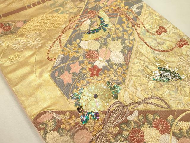 平和屋着物◎六通柄袋帯 唐織 花蝶文箱文 陶漆箔 金糸 正絹 逸品 DABI3987ya