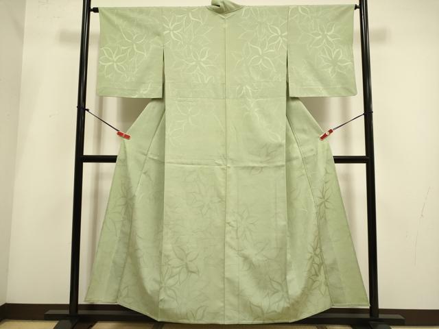 平和屋着物▽上質な色無地 単衣 舞花地紋 お召縮緬 鶸茶色 正絹 逸品 DABI4025du