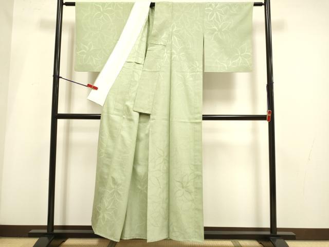 平和屋着物▽上質な色無地 単衣 舞花地紋 お召縮緬 鶸茶色 正絹 逸品 DABI4025du