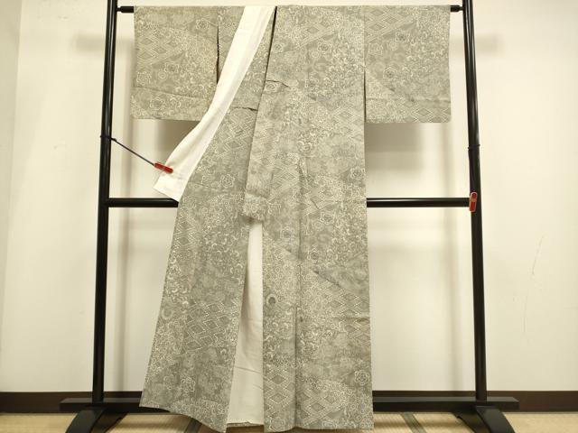 平和屋着物▽上質な小紋 単衣 紬地 型染 草花文 正絹 逸品 DABI4094du