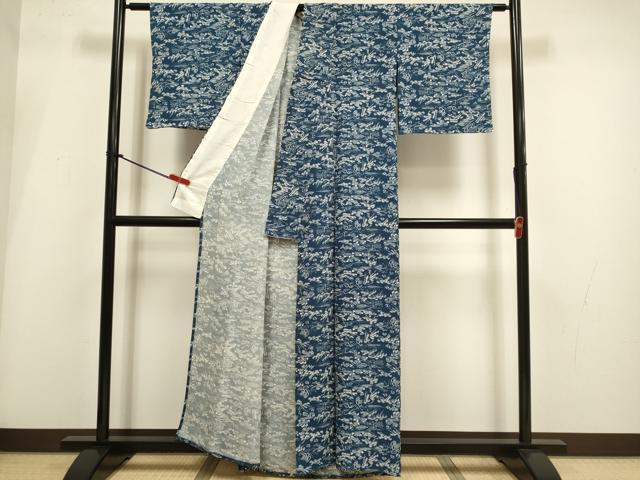 平和屋着物▽上質な小紋 単衣 藍 型染 立波花文 正絹 逸品 DABI4100du