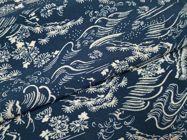 平和屋着物▽上質な小紋 単衣 藍 型染 立波花文 正絹 逸品 DABI4100du