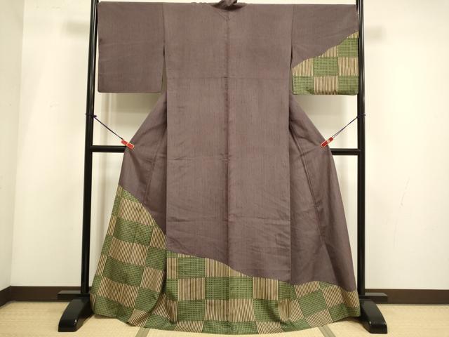 平和屋着物▽訪問着 単衣 紬地 市松文様 ろうけつ染め 正絹 逸品 DABI4105du