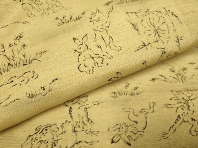 平和屋着物▽上質な小紋 単衣 紬地 鳥獣戯画 金彩 正絹 逸品 DABI4112du