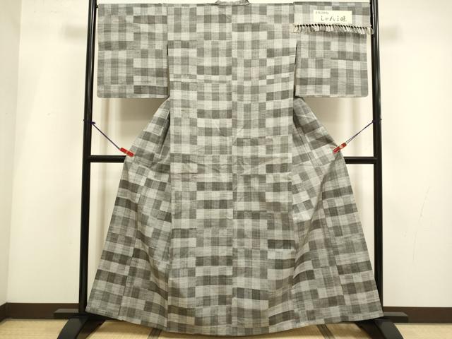 平和屋着物▽手織真綿紬 単衣 しゃれ染 格子柄 反端付き 正絹 逸品 DABI4116du