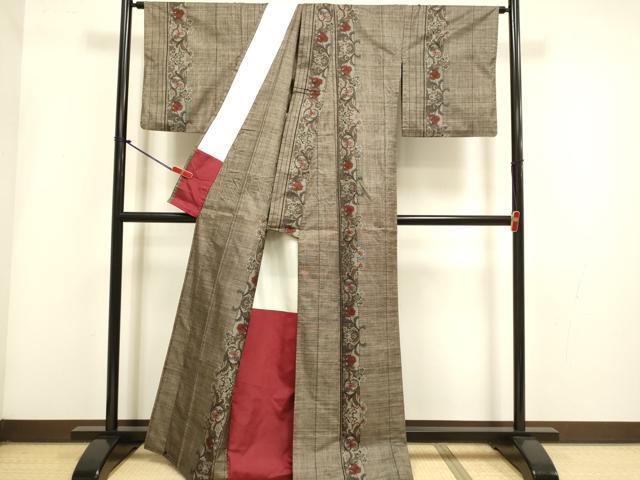 平和屋着物▽本場大島紬 単衣 9マルキ 草花間道 正絹 逸品 DABI4124du