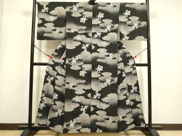 平和屋着物▽上質な小紋 単衣 雲重ね枝梅文 黒地 銀彩 正絹 逸品 DABI4202du