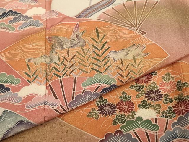 平和屋着物▽訪問着 単衣 扇面花鳥文 暈し染め 金彩 正絹 逸品 DABI4229du